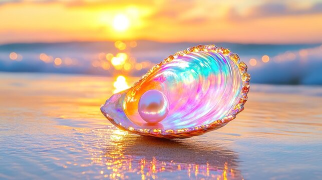 Iridescent Abalone Shell with Pearl on Sandy Beach at Sunset with Waves in Background