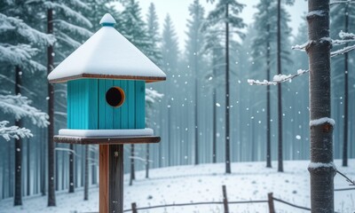 Snowcovered birdhouse in tranquil winter forest scene