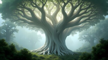 Fototapeta premium A large tree in a fantasy forest. The trunk and branches create a complex pattern through which light penetrates, creating soft lighting