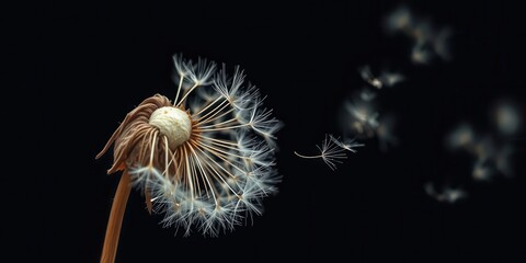 Fototapeta premium A single dandelion seed head releasing delicate, white seeds into the air on a black background