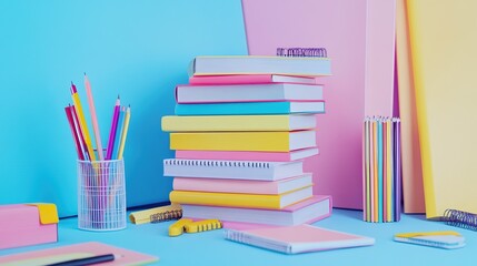 Fototapeta premium Colorful stationery and books on pastel background.
