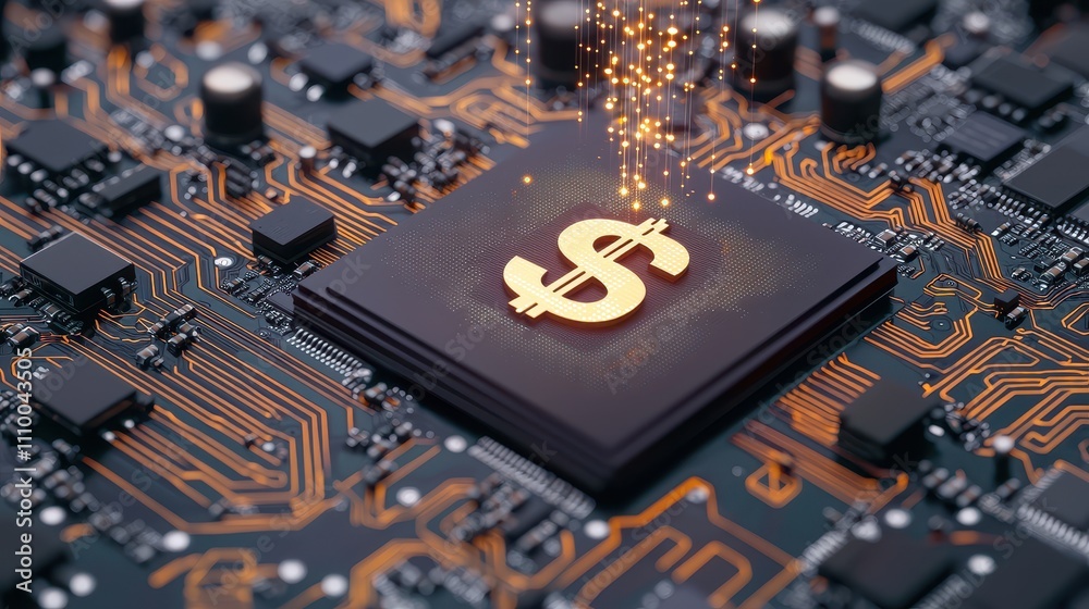 Poster ai for generating income concept, high-tech ai processor with glowing data lines on circuit board ba