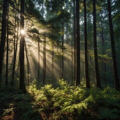 Obraz premium A dense forest with rays of sunlight filtering through the trees.