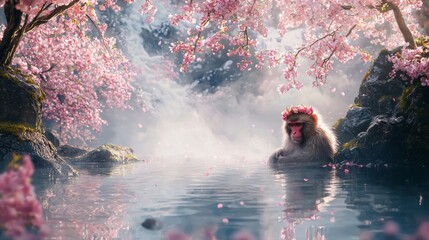 Fototapeta premium Playful Japanese Macaque Under Cherry Blossoms