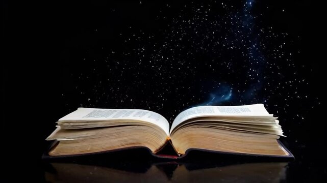 A book is opened to a page with a blue smoke effect, creating a surreal and dreamlike atmosphere. The blue smoke seems to be emanating from the pages of the book, as if it is alive and breathing