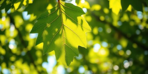 A single, vibrant green leaf illuminated by sunlight, showcasing intricate vein patterns and a blurred background of foliage