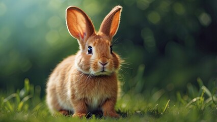 Fototapeta premium Adorable little rabbit on grass, gazing away and with its ears up