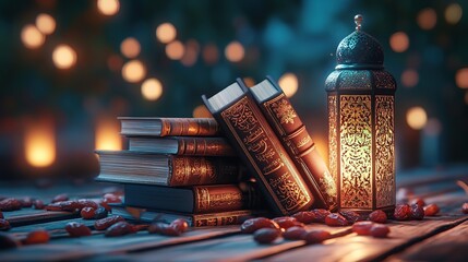 Stacked antique books, lantern, and dates on wooden table at night.