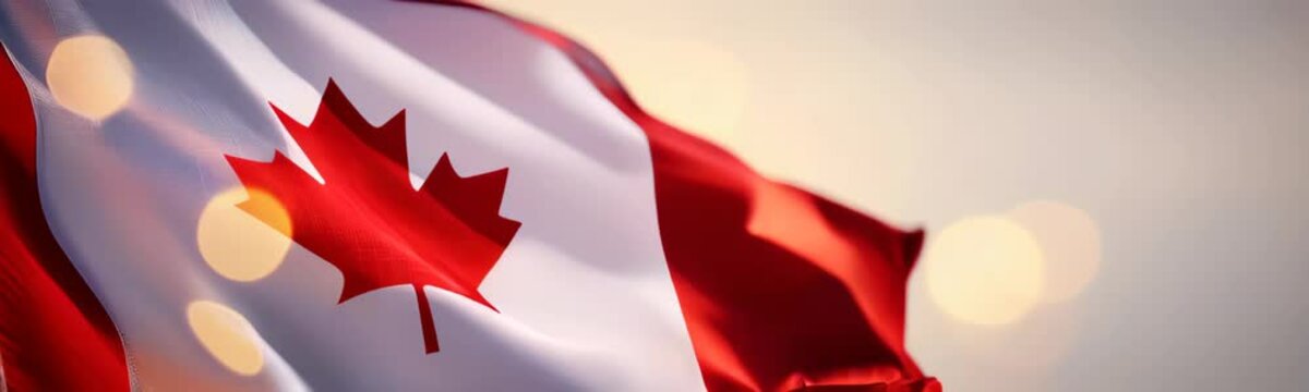 Banner flag of Canada on the wavy surface of fabric against bokeh lights background. Canadian flag copy space backdrop