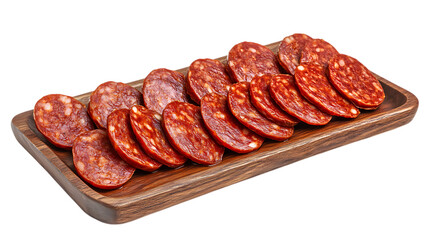 A wooden cutting board with thin slices of salami on it on transparent background.