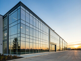 Obraz premium Panoramic view of glass skyscraper building with sidewalk or walkway around. Futuristic city during daytime. Business concept of successful industrial architecture.