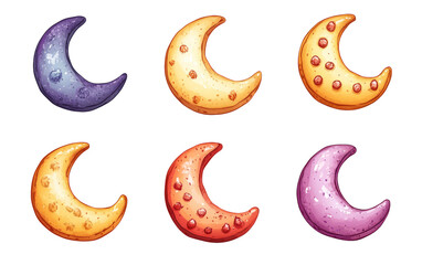 Colorful Cartoon Moon Shapes on Transparent Background