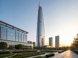 Panoramic view of glass skyscraper building with sidewalk or walkway around. Futuristic city during daytime. Business concept of successful industrial architecture.