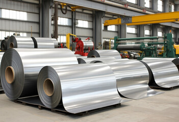 Large Aluminum or Steel Sheet Rolls Ready for Industrial Manufacturing and Heavy Production Use.