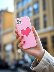 A lady is showing her pink phone cover, and a red heart sticker is attached on it