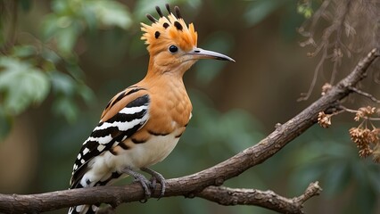 The Eurasian, or common, hoopoe (Upupa epops), is an exotic brown-crowned bird with black and white wings that perches on a narrow branch under bright, exposed lighting in a lawn.-