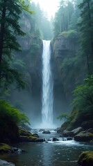 Beautiful coniferous forest with a waterfall
