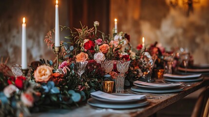 Rustic autumn wedding table centerpiece with candles and flowers.