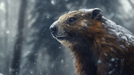 Obraz premium A close-up of a furry animal in a snowy forest, evoking a serene winter atmosphere.