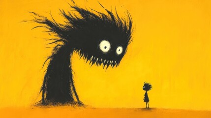 Fototapeta premium Defiant figure confronts menacing shadow monster with wild hair and open mouth in dramatic scene