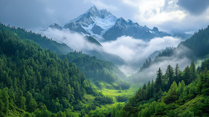 Fototapeta premium breathtaking mountain landscape with snow-capped peaks and lush green valleys