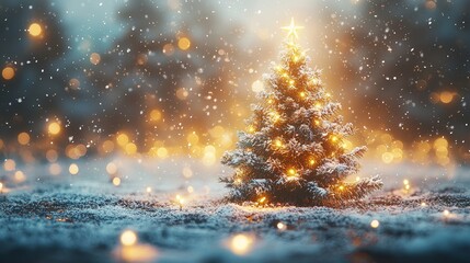 Magical christmas tree glowing in winter wonderland outdoor scene photography soft bokeh enchanting atmosphere for holiday cheer