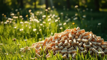 Obraz premium A pile of natural wood pellets in a grassy field with a blurred background of green trees and white flowers