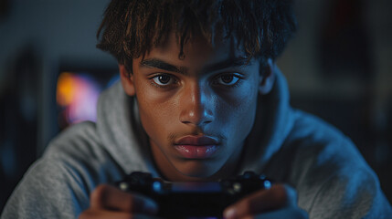 gamer focused on playing video games with a glowing screen in a dark room, immersive atmosphere