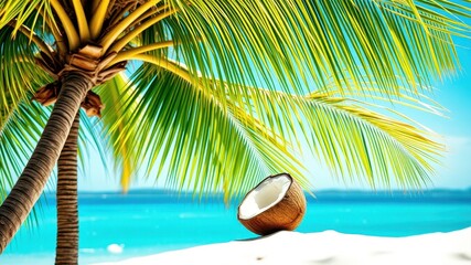 A tropical palm tree with lush green fronds casts a shadow over a cracked open coconut resting on a pristine white sand beach, the turquoise ocean water shimmering in the distance.