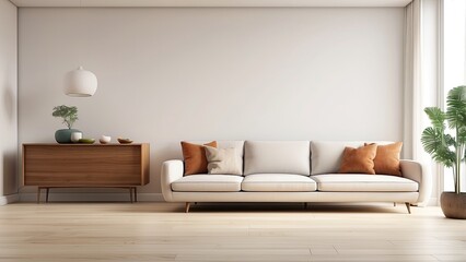 3D depiction of a modern, mid-century, minimalist living room with a wood floor, white walls, and an empty space