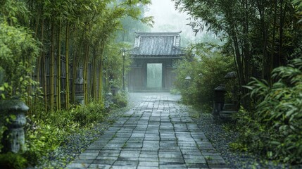 Obraz premium Serene Bamboo Pathway in Traditional Japanese Grove