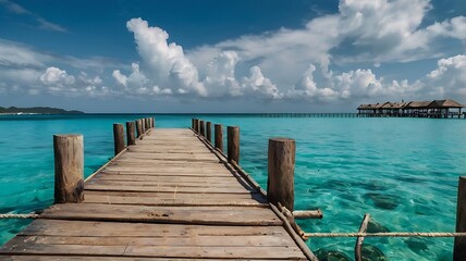 Fototapeta premium Scenic wooden pier extending into clear turquoise water.