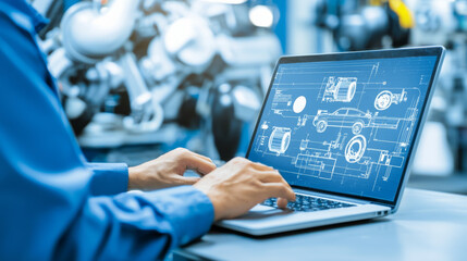 skilled mechanic analyzing vehicle performance on laptop