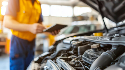 mechanic using tablet to check vehicle details in workshop