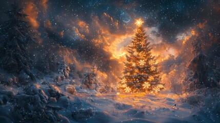 Fototapeta premium Enchanting christmas tree illuminated in a winter wonderland snowy forest digital art twilight holiday spirit magical atmosphere