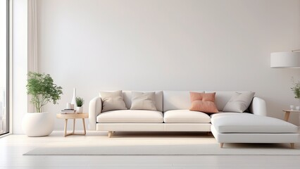 A view of a minimalist white living room with a modest side table and sofa on a laminate floor.interior design viewpoint. rendering