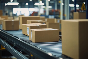 Closeup of multiple cardboard box packages seamlessly moving along a conveyor belt in a warehouse fulfillment center