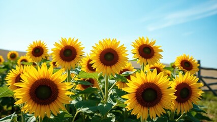 Fototapeta premium A vibrant field of sunflowers, their bright yellow petals reaching towards the clear blue sky, creating a stunning display of natural beauty.