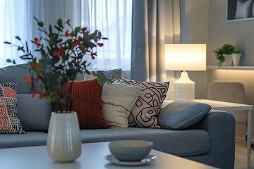 Fototapeta premium Modern living room interior with gray couch, white coffee table, plants and lamp with glass window