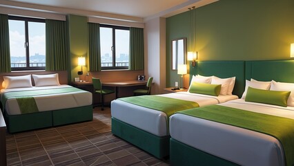Two comfortable green beds in a hotel double room.