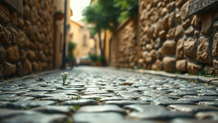 A cobblestone path lined by old stone walls with a small white flower growing in the cracks, leading to a street with a blurred background.