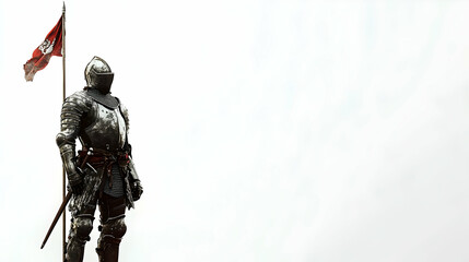 Fototapeta premium A knight in armor stands tall, holding a flag against a stark, light background.