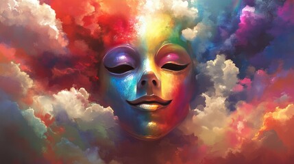 Colorful Dreamlike Mask with Vibrant Clouds and Artistic Aura Signifying Spirituality, Imagination, and Inner Peace in a Surreal Fantasy Landscape