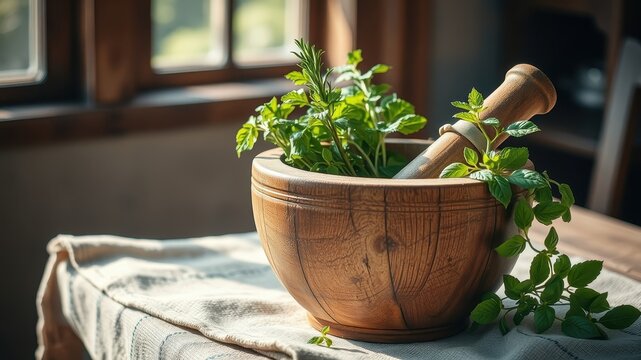 A wooden mortar and pestle filled with fresh herbs, ready for use in the kitchen.
