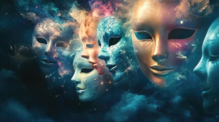 Ethereal masks floating in a cosmic haze, symbolizing identity, transformation, and the mysteries of the universe with mesmerizing colors and intricate details