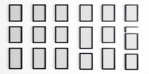 A gallery wall featuring a collection of black framed pictures, offering a blank canvas for artistic expression and personalized design