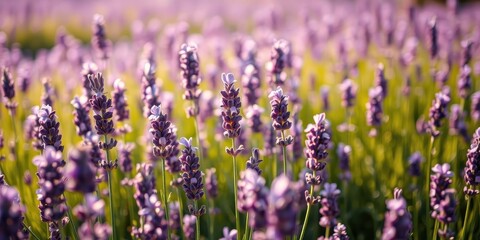 Naklejka premium A Close-Up View of Lavender Blossoms Bathed in Soft Sunlight, Their Delicate Purple Hues and Fine Textures Creating a Dreamy and Serene Atmosphere