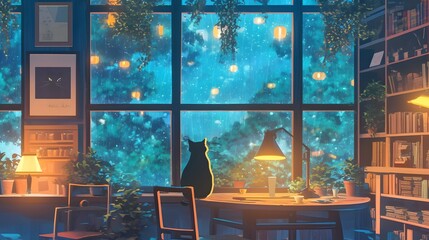 Gently animated view of a cafe with lofi tones, warm lights, and gentle rain sounds, evoking calm and nostalgia
