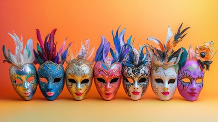 Obraz premium Colorful Decorative Masks Displayed in a Row Against a Gradient Background Featuring Feathers, Intricate Designs, and Glimmering Details for Festive Occasions
