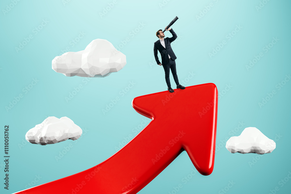Poster businessman standing on a red upward arrow with telescope in hand, facing the future under a blue sk